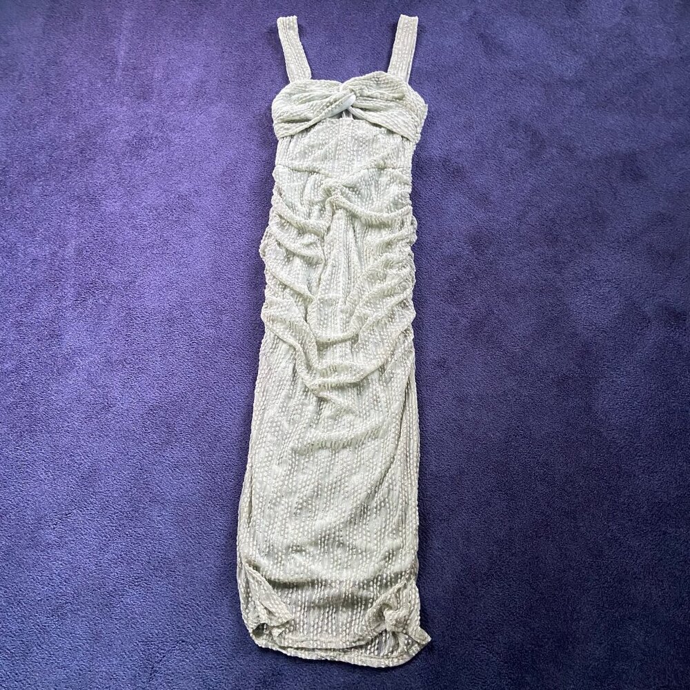 ✨ Ruched Sage Green Textured Midi Dress, Elegant & Flattering Fit Sz S